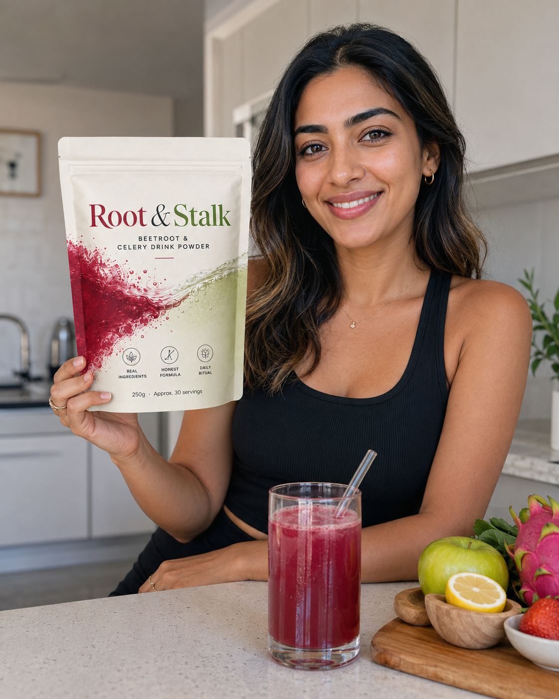 Person holding Root & Stalk pouch beside a glass with fresh fruit on the counter
