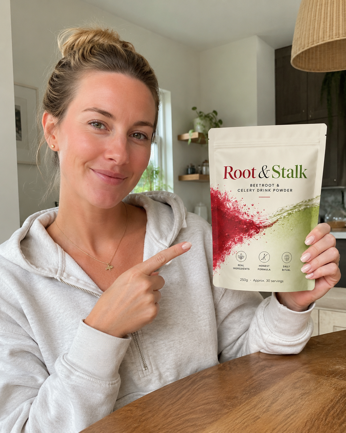 Person pointing at Root & Stalk pouch at a kitchen table